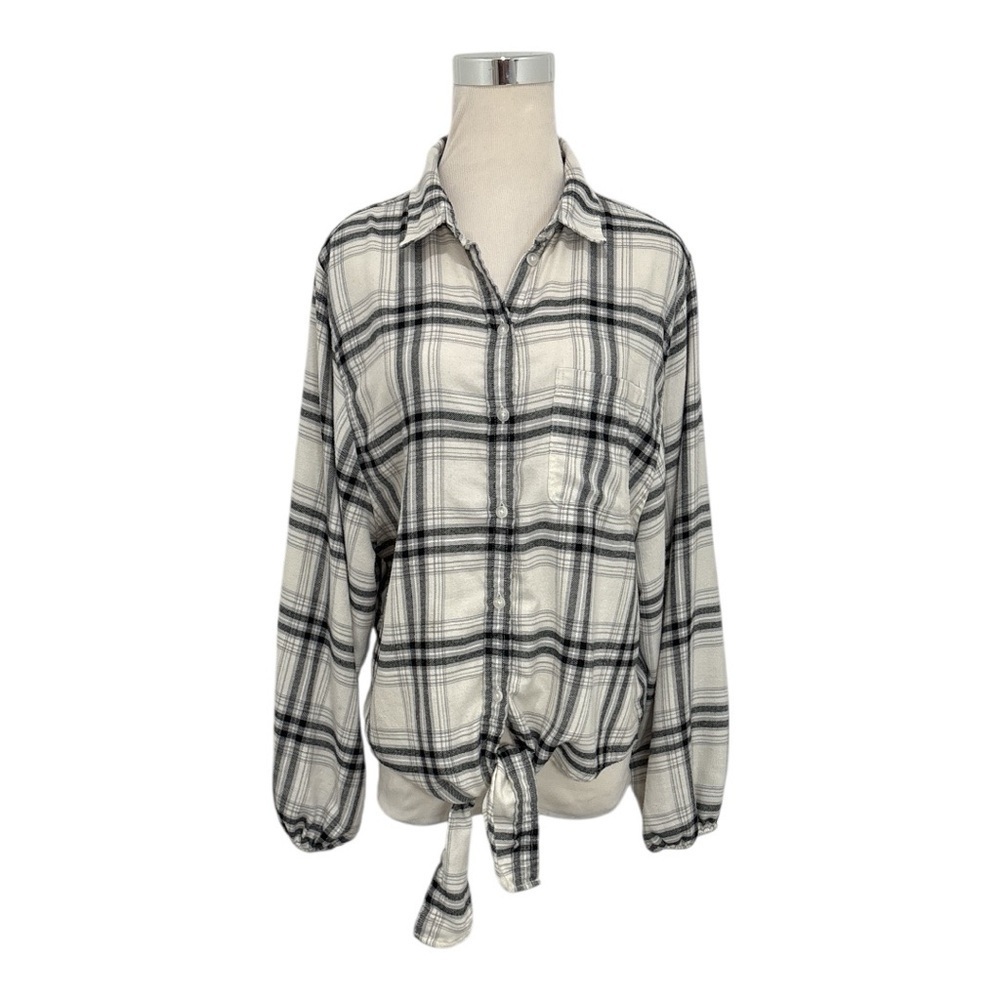 American Eagle Women's Tie-Front Flannel Cream w/ Black Plaid Oversized Size M